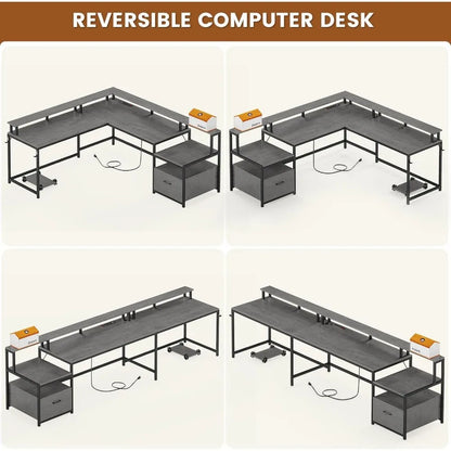 Office Desk with Wood File Drawer & Power Outlet,Gaming Desk with Led Lights,Corner Computer Desk with Monitor Shelf,Customized