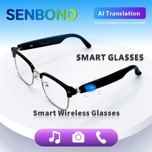 SENBONO Fashion Smart Glasses AI Translation 144+ Languages Real-time Translator BT Call Play Music Camera Control for Men Women