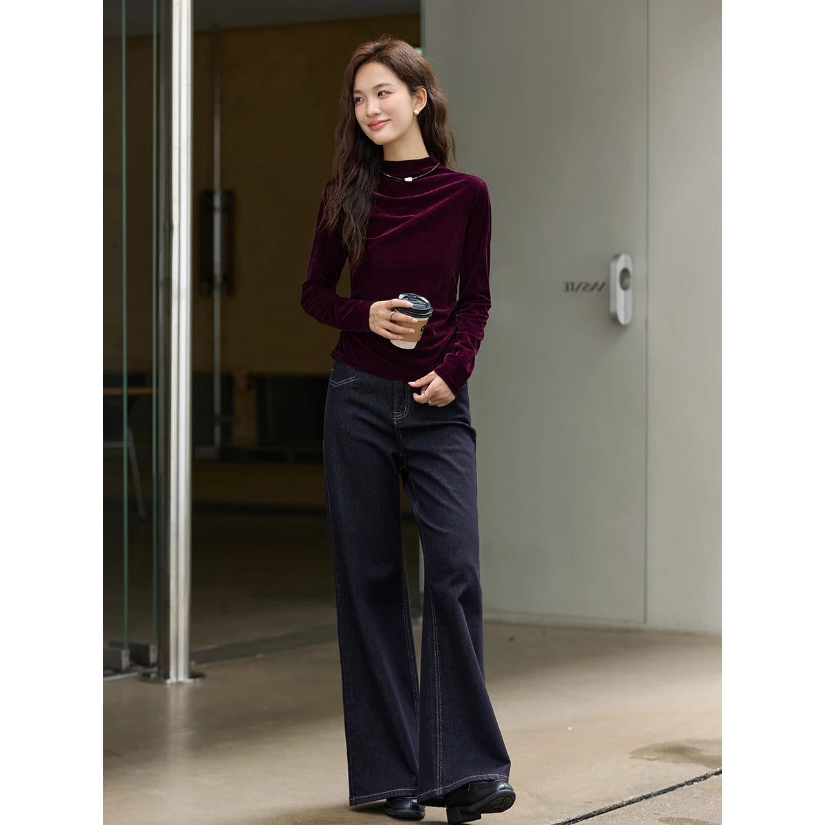 VIMLY Women's Red Velvet T-shirt Casual Knitted Slim Fit Tops Winter 2026 Vintage Mock Neck Folds Long Sleeve Ladies Tees A3305