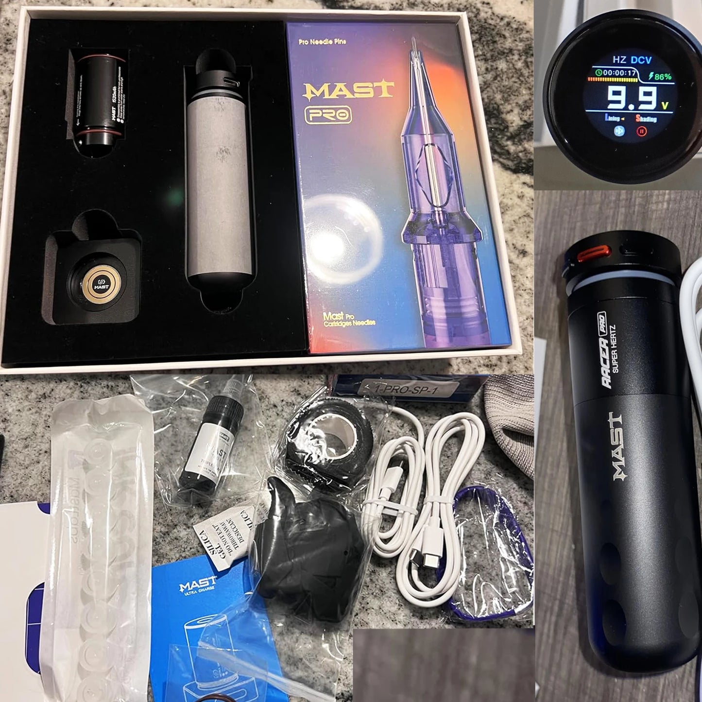 Mast Racer Pro Tattoo Machine Kit Full Set 4.2mm Stroke Wireless Battery Adjustable Power Modes(Soft/Medium/Hard) High Precision