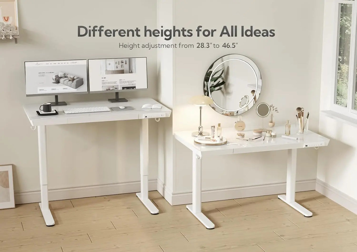 Glass Standing Desk with Drawers, 55 Inch Adjustable Stand Up Desk, Quick Install Home Office Computer Desk with, Customized