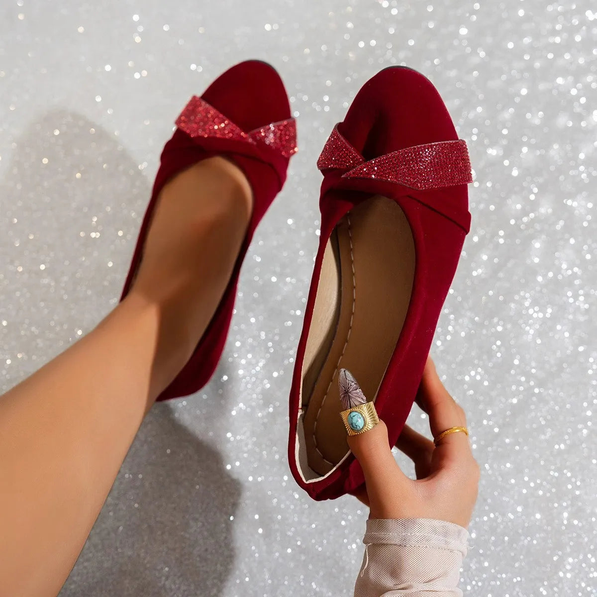 French-style Temperament Ballet Shoes, Low-heeled Comfortable and Stylish Single Shoes, Rhinestone-decorated Low-cut Women's Fla