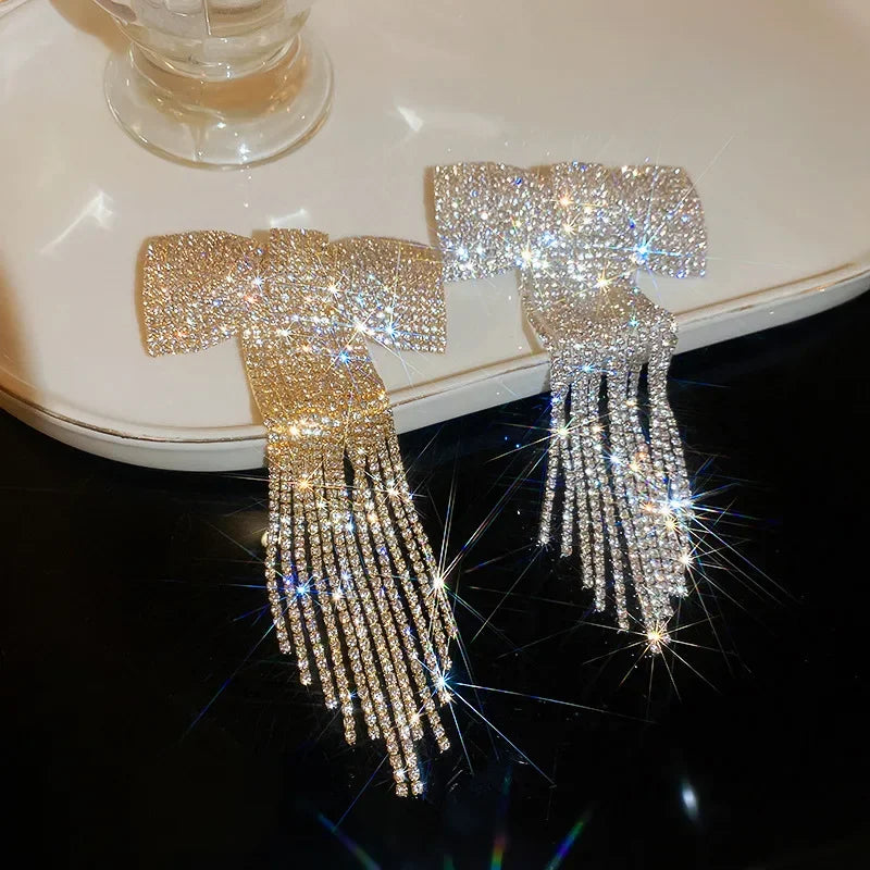 Rhinestone Bow Fringe Hairpin for Women Fashion Temperament Hair Clip Korean Light Luxury Hair Accessories Gold Silver Color