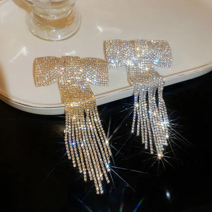 Rhinestone Bow Fringe Hairpin for Women Fashion Temperament Hair Clip Korean Light Luxury Hair Accessories Gold Silver Color