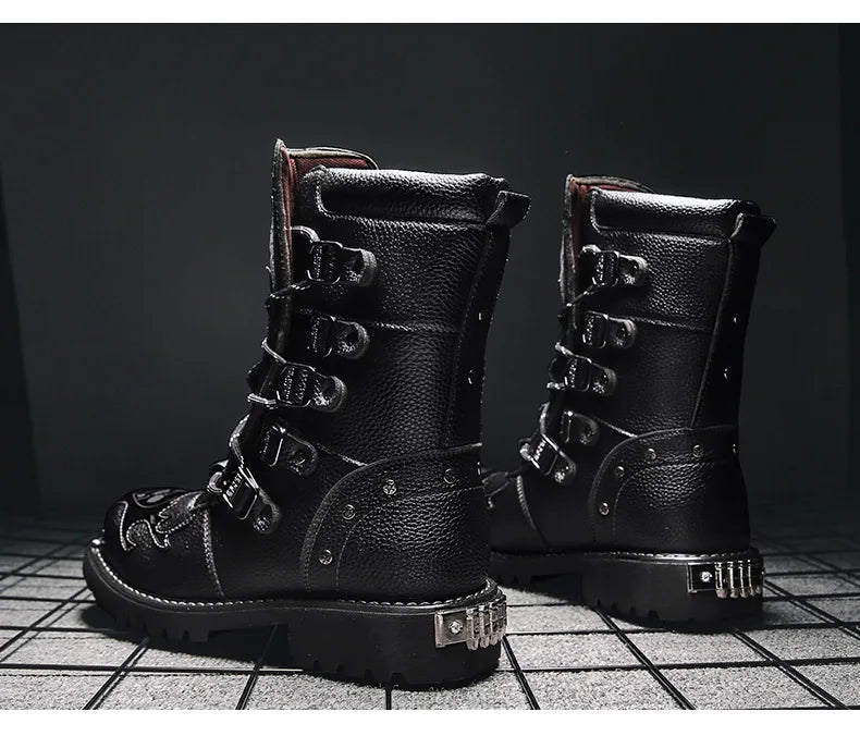 Men Motorcycle Boots Fashion Mid-Calf Punk Rock Punk PU Leather Black High Top Mens Casual Boot Steel Toe Shoes Big Size 38-46