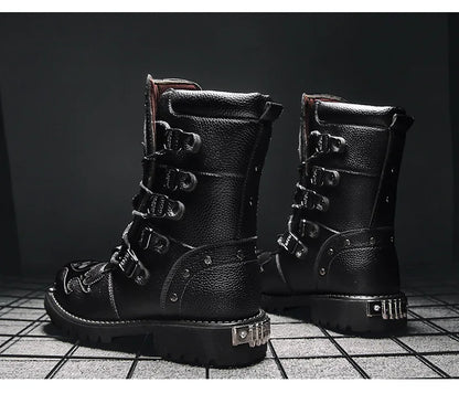 Men Motorcycle Boots Fashion Mid-Calf Punk Rock Punk PU Leather Black High Top Mens Casual Boot Steel Toe Shoes Big Size 38-46