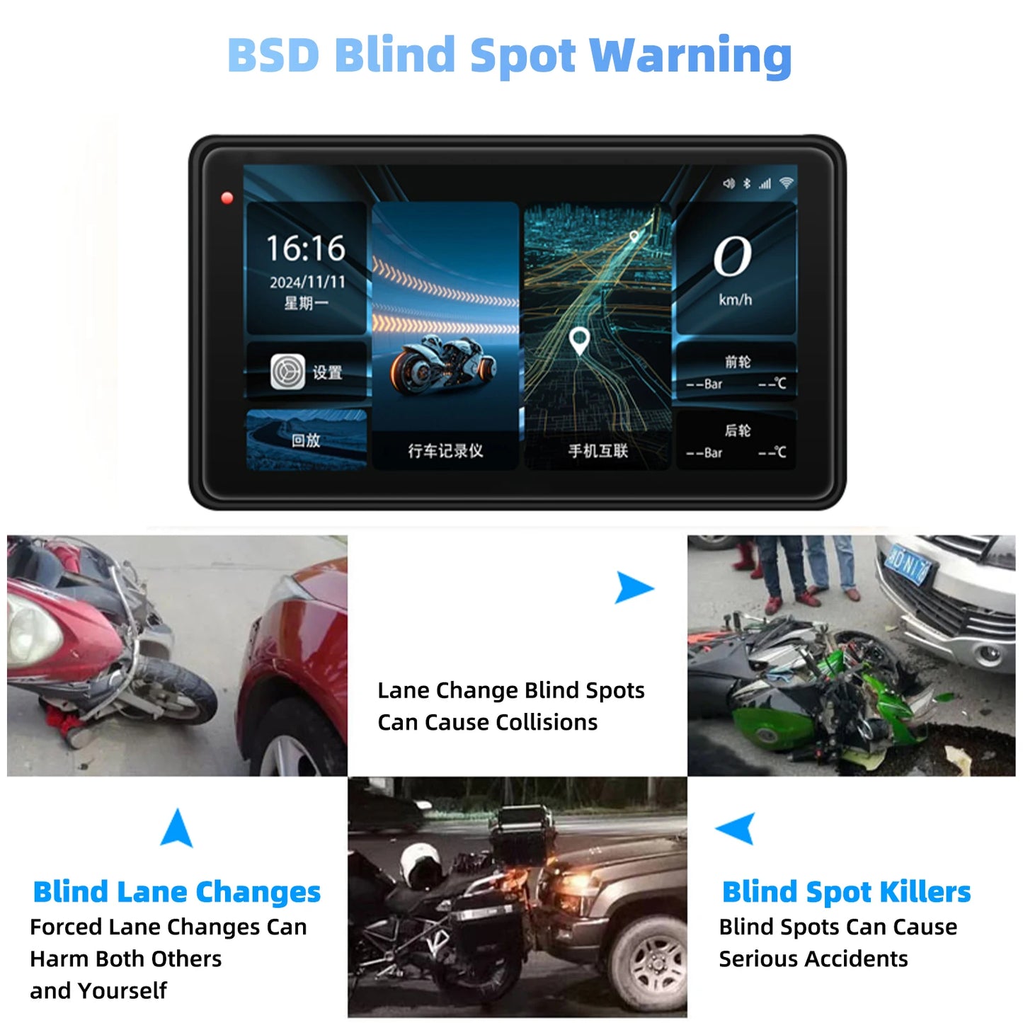 Motorcycle GPS Navigation Screen with 1080P Dash Cam Front and Rear 5in IP68 Waterproof Touchscreen Bluetooth Audio Receiver