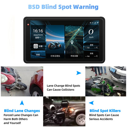 Motorcycle GPS Navigation Screen with 1080P Dash Cam Front and Rear 5in IP68 Waterproof Touchscreen Bluetooth Audio Receiver