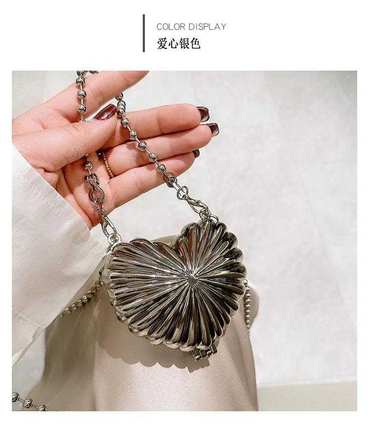 Golden Silver Evening Bag Handbag Luxury Designer Shoulder Crossbody Bags Party Wedding Clutch Mini Heart Pattern Shell Purse
