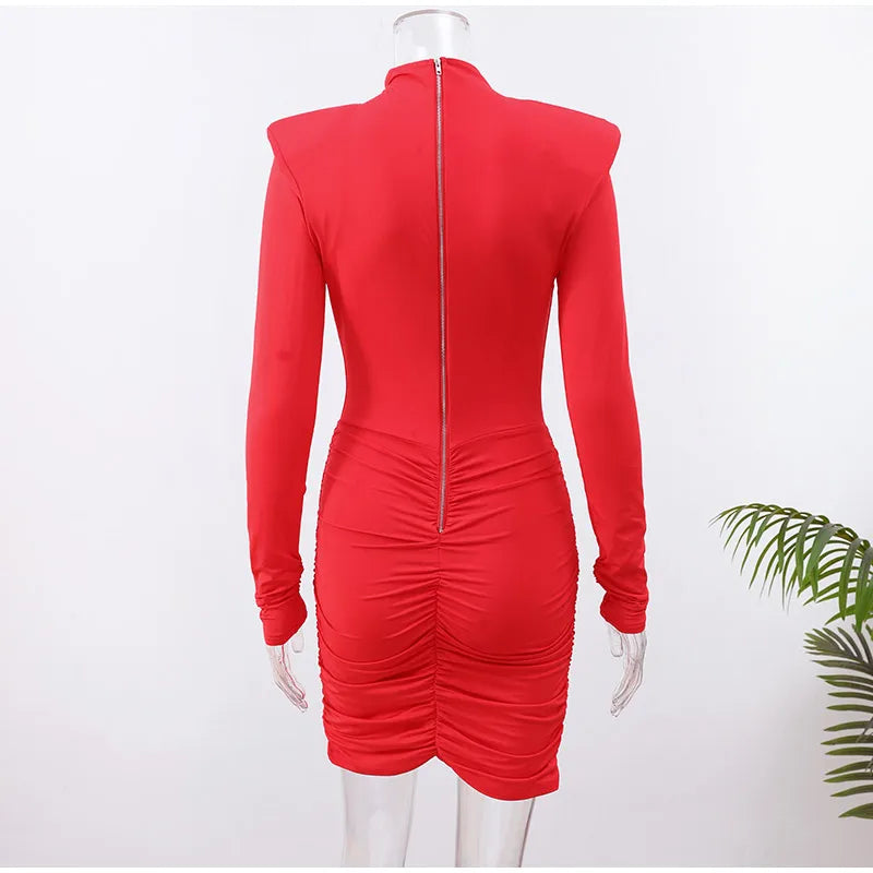 Sexy Hollow-out Pleated Mini Dress Women Fashion Solid Half High Collar Long Sleeve Slim Dresses 2025 Lady Party Club Robes