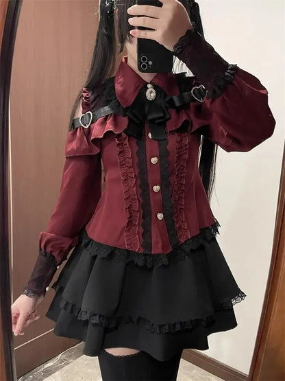 Gothic Women's Clothing Shirt Long Sleeve Lolita Blouse Japanese Bow Tie Sweet Cute Tops Design Streetwear Y2k Retro Blouse New