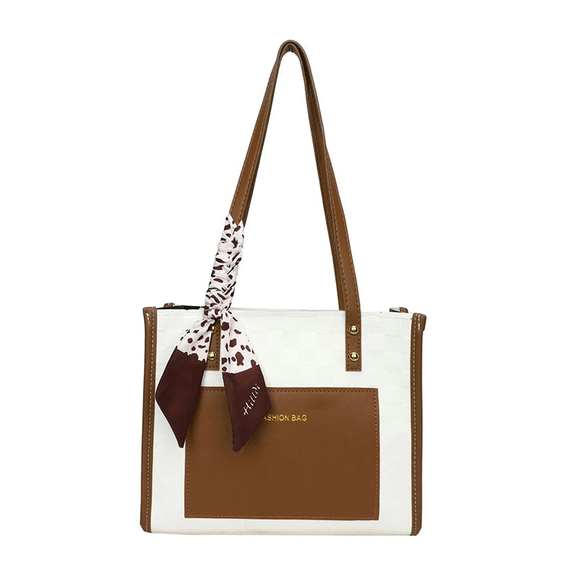 Patchwork Contrast Color Handbag Women's Casual Fashion Tote Bag Large Capacity Single Shoulder Bag Women's Silk Scarf Bag