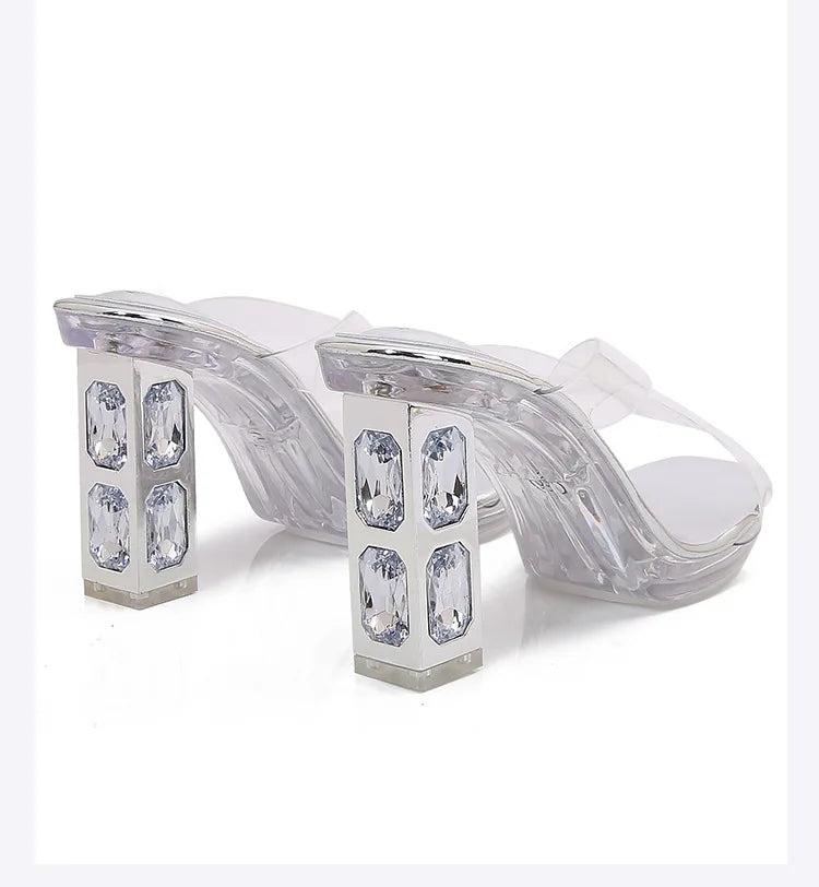 2025 Red High Heels 8cm Women Shoes Rhinestone Thick Heels Square Toe Ladies Pumps Cross Tie Straps Slippers Sandals Party Shoes