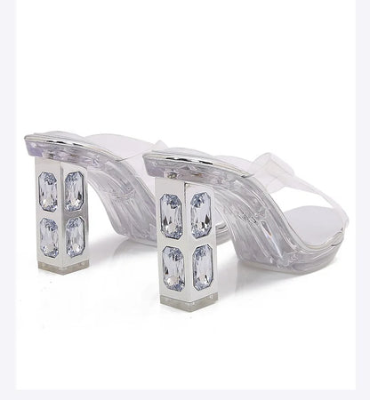 2025 Red High Heels 8cm Women Shoes Rhinestone Thick Heels Square Toe Ladies Pumps Cross Tie Straps Slippers Sandals Party Shoes
