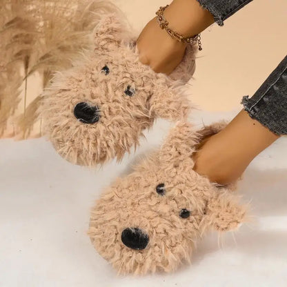 Cartoon Puppy Fluffy Fur Indoor Slippers Women 2025 Winter Thick Bottom Furry Mules Slippers Warm Plush Home Slides for Womon