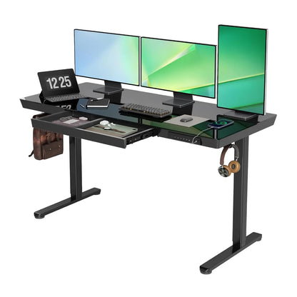 Glass Standing Desk with Drawers, 55 Inch Adjustable Stand Up Desk, Quick Install Home Office Computer Desk with, Customized