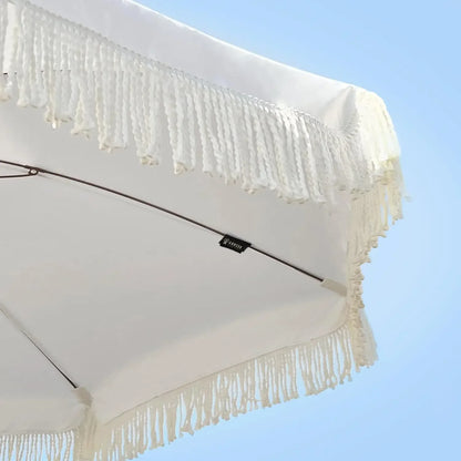 #For 7ft Patio Umbrella with Fringe Outdoor Tassel Umbrella UPF50+ Premium Steel Pole and Ribs Push Button Tilt,  Gazebo&