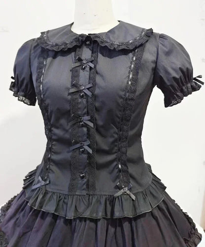 Summer Japanese Lolita Sweet Girls Short-sleeved Tops Women Goth Lace Bow Shirt Single-breasted Blouse Doll Collar Slim Tees New