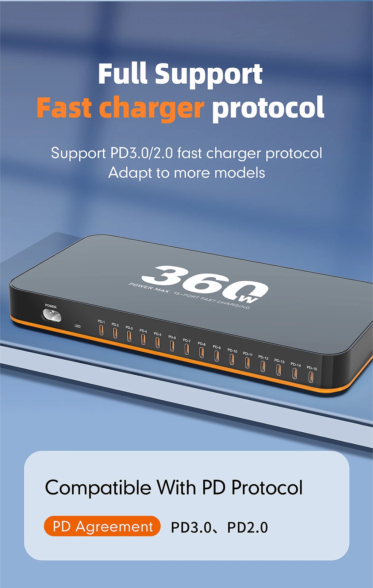 360W USB Charger 15 in 1 Desktop PD 24W Fast Charge USB Type C Charger LED Display Charger For iPhone Xiaomi Smartphone Laptop