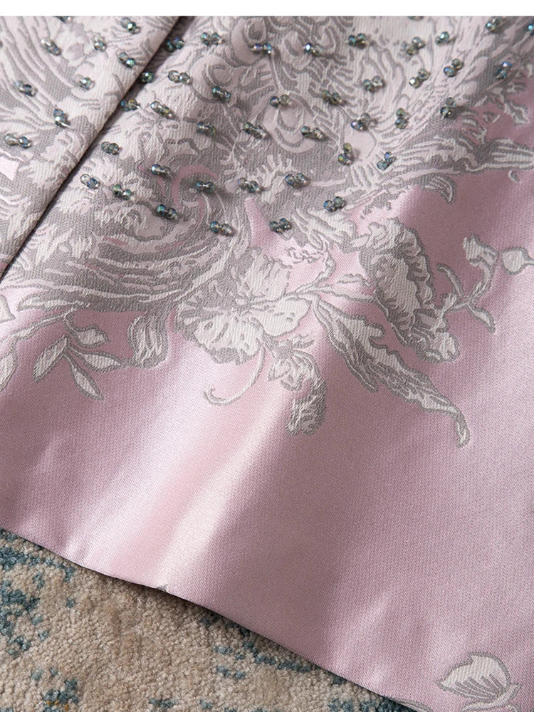 Luxury Beaded Pink Chinese Style Women's Top 2025 Loose Shoulder Embroidery Jacquard Elegant Fashion Blouse Outerwear