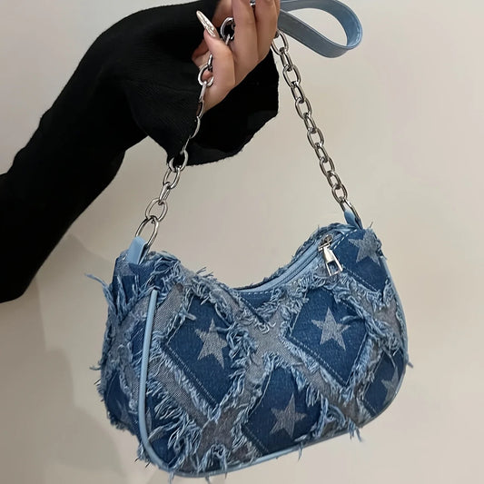 Women's Tote Bag with Star Pattern Blue Distressed Design, Golden-Tone Hardware, Stylish Handbag Shoulder Bag for Everyday Use