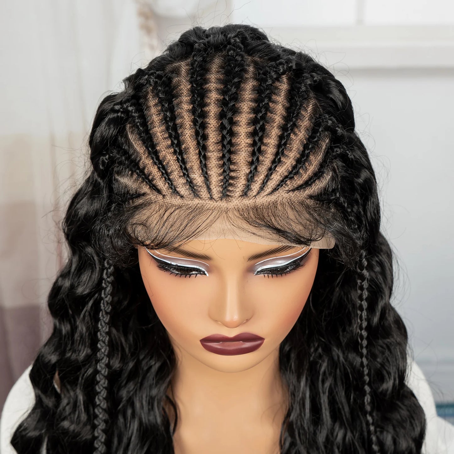 28inch 13x6 Transparent Lace Front Natural Deep Wave Hair Wigs with Cornrow Braids Synthetic Curly Brazilian Hair Wig for Women