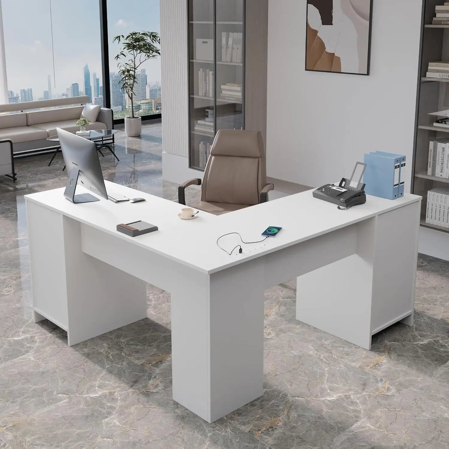 L Shaped Desk with File Cabinet, Corner Computer Desk with Storage Drawers, Large Home Office Table with Power, Customized