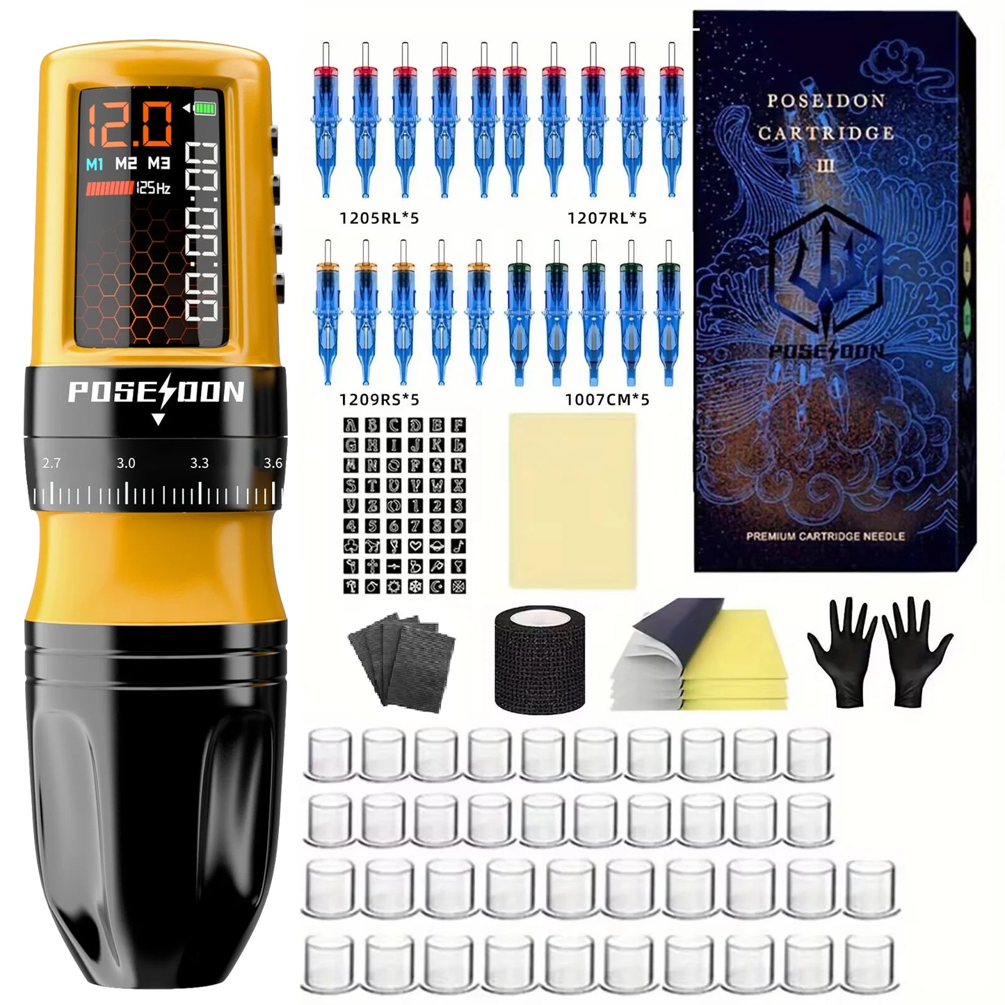 POSEIDON Tattoo Kit Yellow Tattoo Pen Kit For Permanent Makeup Tattoo Machine Kit Adjustable Tattoo Power Supply Tattoo Gun Kit