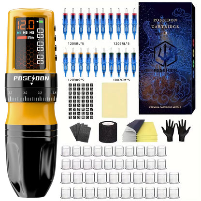 POSEIDON Tattoo Kit Yellow Tattoo Pen Kit For Permanent Makeup Tattoo Machine Kit Adjustable Tattoo Power Supply Tattoo Gun Kit