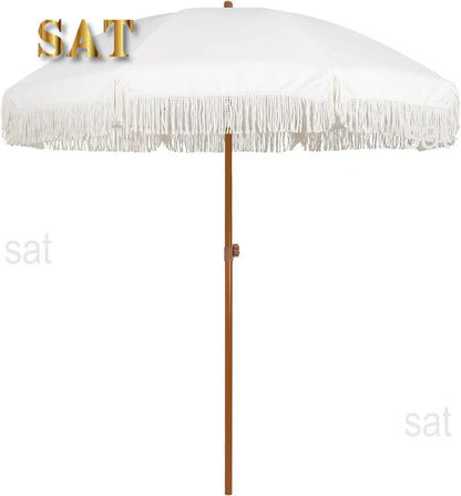 #For 7ft Patio Umbrella with Fringe Outdoor Tassel Umbrella UPF50+ Premium Steel Pole and Ribs Push Button Tilt,  Gazebo&