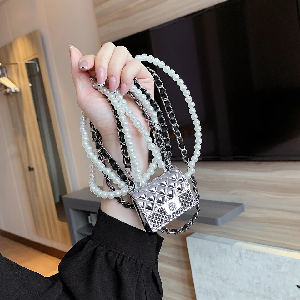 Mini dinner bags for women fashionable metal small box bag designer pearl chain shoulder bag clothing accessories crossbody bag