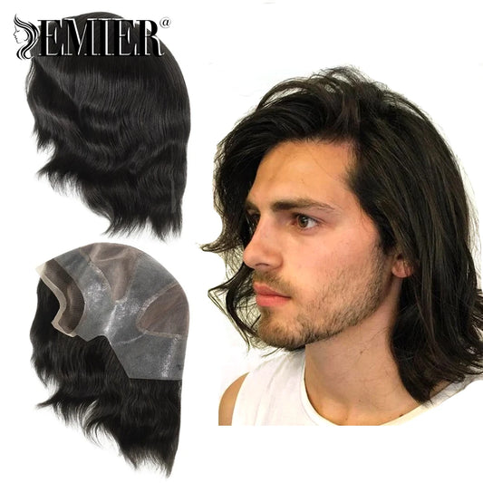 Full Head Wig For Men 6" Natural Straight Fine Mono With Pu Cap Men Wig 1/2" French Lace in Front Indian Human Hair Wig For Men