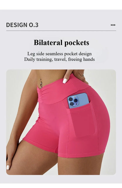 Tight Fitting Hip Yoga Shorts Pockets Women High Waisted Fitness Outdoor Leggings Scrunch Lifting Yoga Biker Shorts