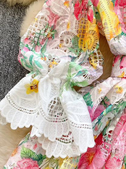 Spring/Summer Retro Single Breasted Mini Dress French Hollow Lace Dress Female Temperament A-line Elegant Shorts Vestidos C18