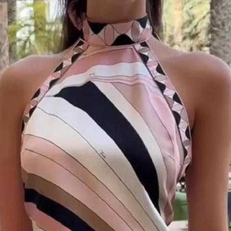 Summer Printed Women Crop Top Metal Strap Backless Lace Up Tank Chic Party Beach Strapless Vestidos 2025 Lady Vacation Clothing
