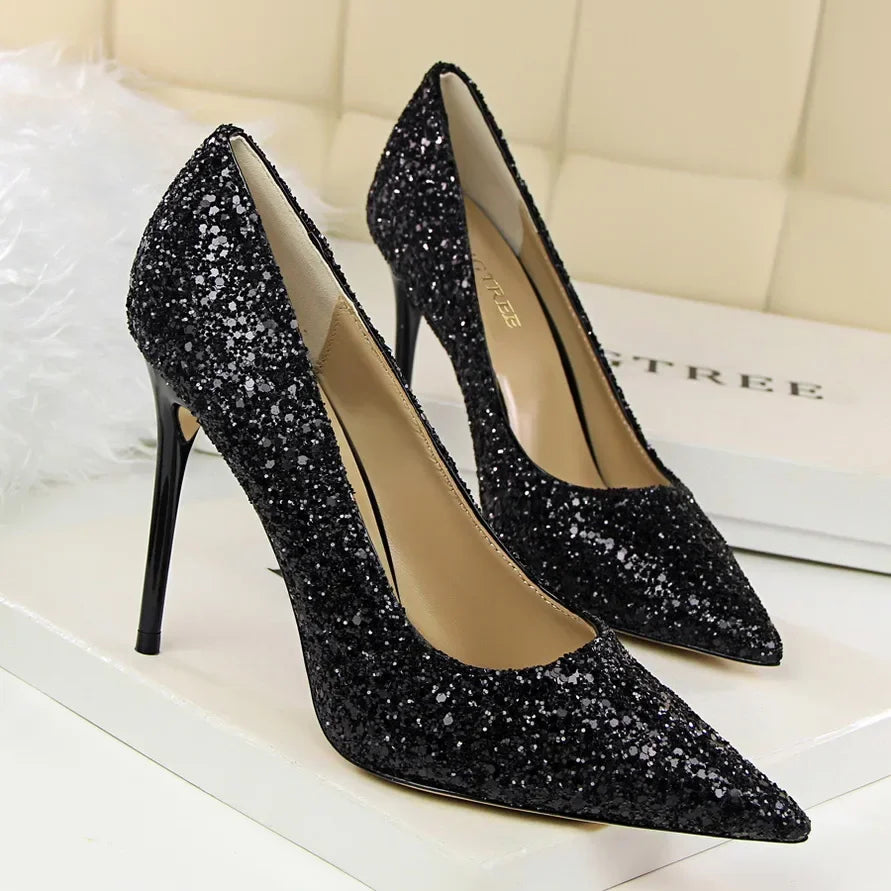 Women Luxury Bling Red  Blue Valentine Party Scarpins Pumps Lady Glitter Sequins 7cm 9.5cm High Heels Designer Shoes Plus Size