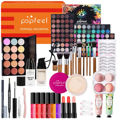POPFEEL Complete All-in-One Makeup Kit with Brush - Full Face Beauty Set, Berry & Neutral Tones Foundation, Blush, Eyeshadow Pal
