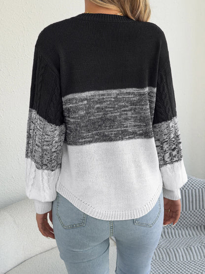 Woman Casual Color Block Striped Sweater Round Neck Lantern Long Sleeve Twist Knitted Tops for 2025 Autumn Winter Women Clothes