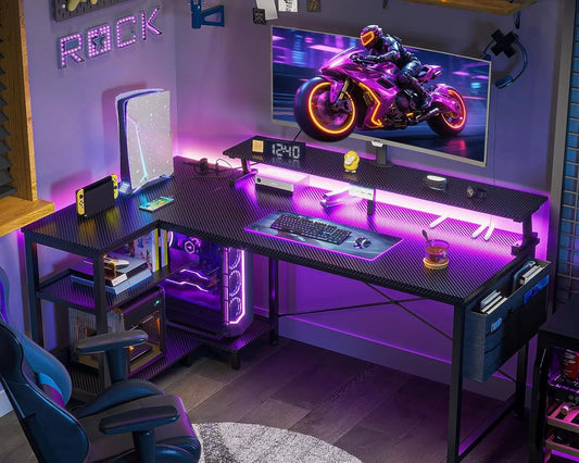 48-Inch L-Shaped Gaming Desk with USB Ports, LED Lights, Storage Shelves & Power Outlets in Black