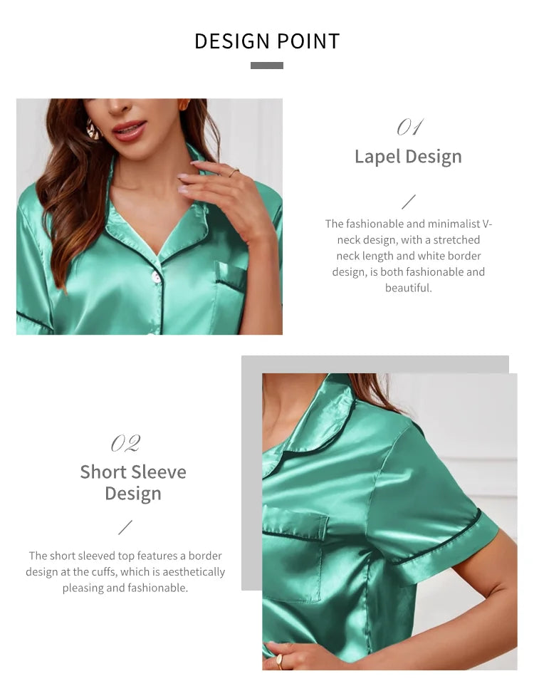 Women's Satin Pajama Set Summer Sleepwear Loungewear Short Sleeve Lapel Top & Shorts Pyjamas Button Home Clothes Pajamas Pjs Set