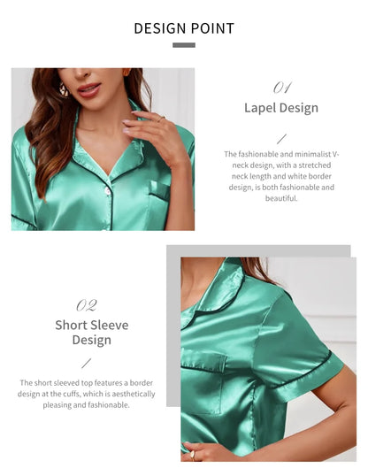 Women's Satin Pajama Set Summer Sleepwear Loungewear Short Sleeve Lapel Top & Shorts Pyjamas Button Home Clothes Pajamas Pjs Set