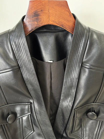 2025 new luxury and fashionable women's clothing belt slim fit leather jacket with multiple pockets motorcycle jacket jacket
