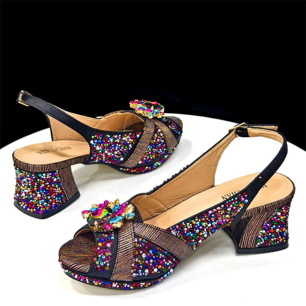 2025 Elegant Green Peep-Toe Heel Pumps for Women with Diamond Accents - Italian Matching Shoes and Bags Set for Parties