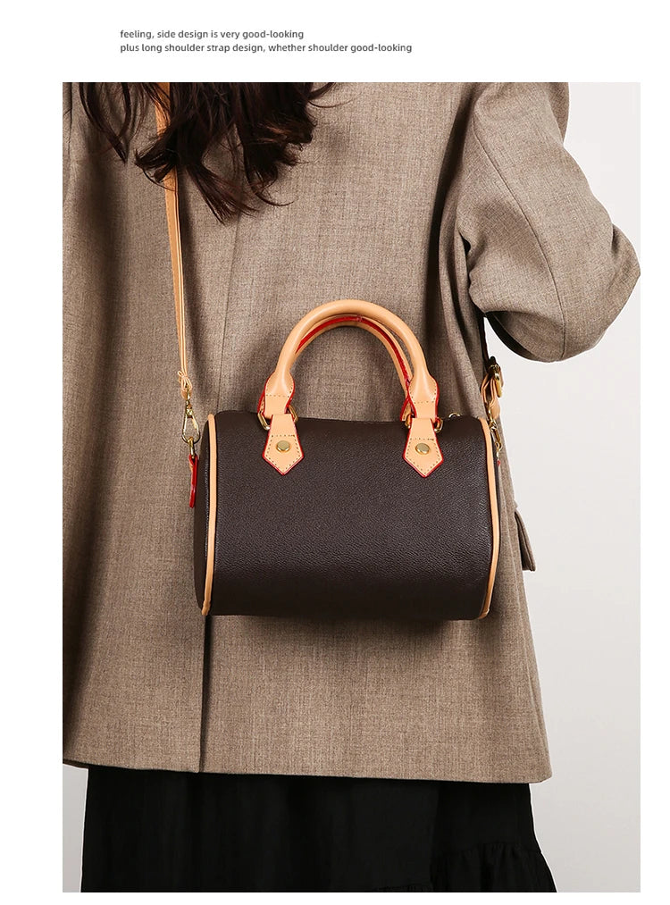 Vintage Brown PU Leather Boston Bag Women's Lightweight Small Crossbody Bag Luxury Designer Handbag Shoulder Bags for Phone