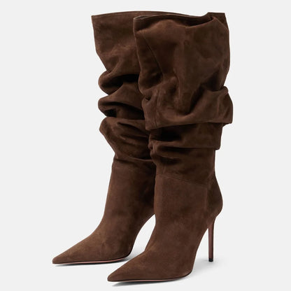 2025Women's Autumn and Winter New Pleated High-heeled Short Boots with Pointed Sleeves, Women's 35-47 Large Mid Length Boots