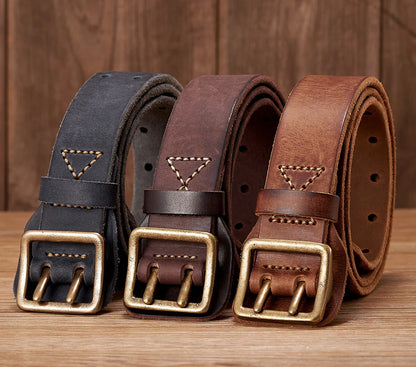 3.8CM Original Handmade Double-needle Buckle Men Belt Washed Water Made Old Macho Jeans Belt Genuine Leather Army Tactical Belt