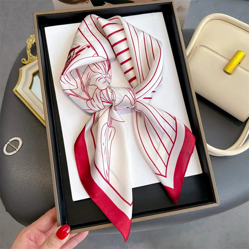 2025 New Fashion Women Silk Scarf 70cm Square Scarves Floral Print Bandana Neckerchief Hijab Lady Luxury