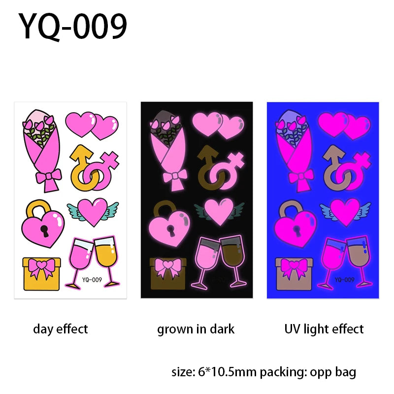 Luminous Temporary Tattoos Stickers Fluorescent Neon In Dark Illuminate Tattoo Elephant/Love Heart Shoulder Tattoo Party Sticker