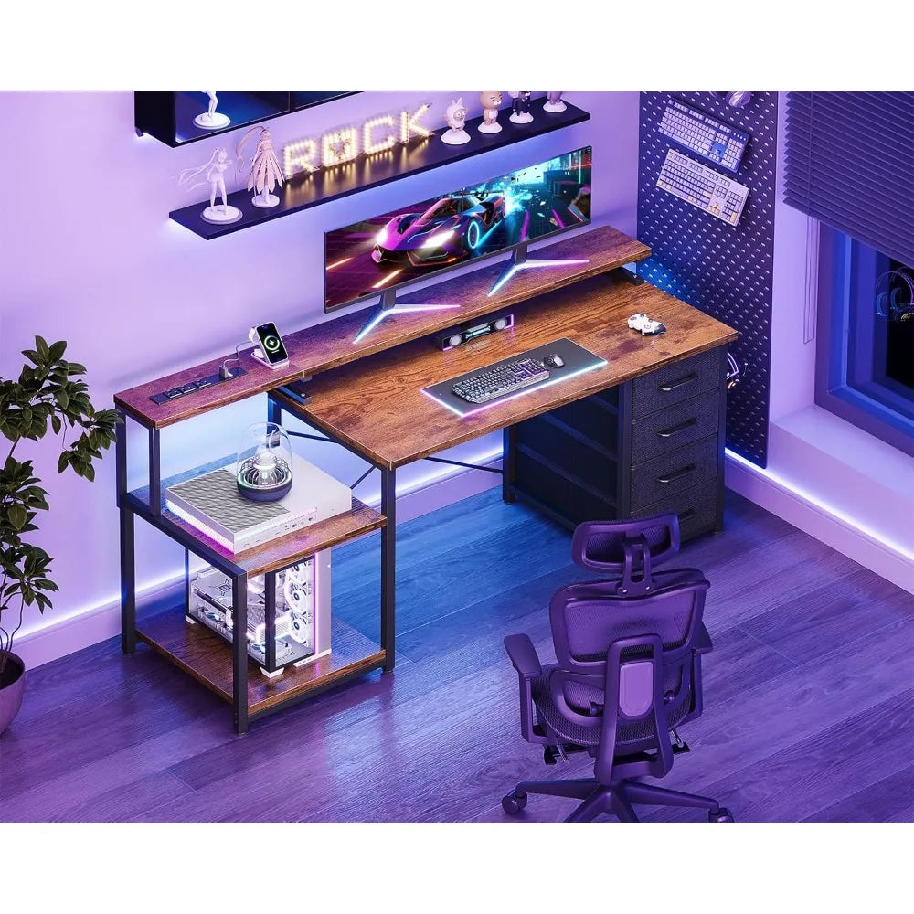 55 Inch Computer Desk with 4 Drawers, Office Desk with Power Outlets, Printer Shelf & Storage Shelves, Large, Customized
