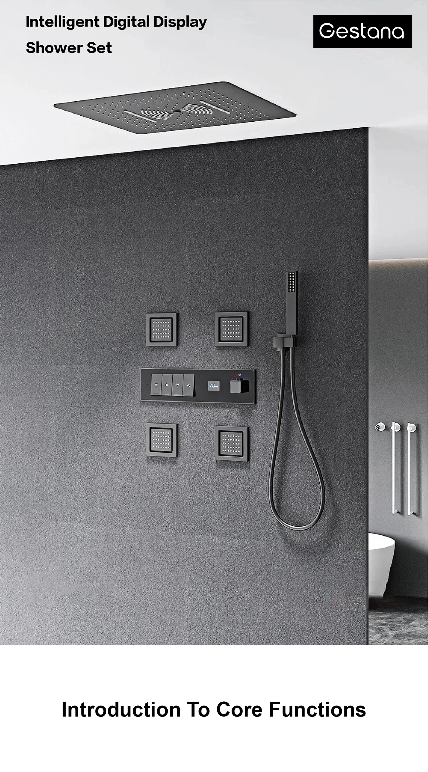 Gun gray brass luxury LED digital display constant temperature shower system embedded ceiling hot and cold water bathroom mixer